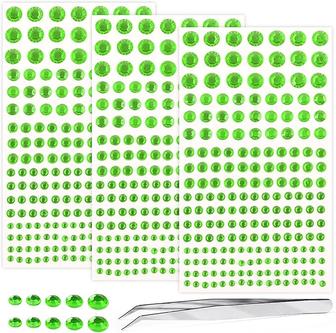 Self Adhesive Face Gems and Pearls for Makeup, Festival Jewels, Hair Gems Pearls, 3/4/5/6/8 mm Round Rhinestone Stickers for Face, Eye, Makeup, Body, Crafts 591Pcs (09_Light Green)