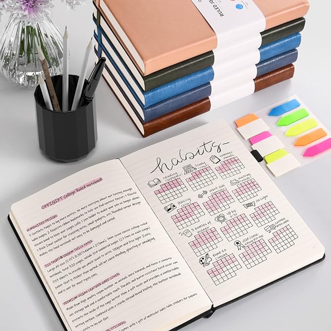 Lined Journal Notebook, Large A5 College Ruled Notebook, 312 Numbered Pages Work Notebook with Index Stickers, 100gsm Thick Paper, Hardcover Vegan Leather Journal for Women Men School Office, Blue