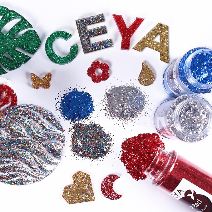 Ceya Bulk Chunky Glitter 6 Assorted Colors, 4.23OZ Each Jar Crafts Christmas Glitter, 1/24” Medium Size Nail Sequins for School Classroom Art,DIY Craft Slime Poster Card,Red,Blue,Silver,Gold,Green,Mix
