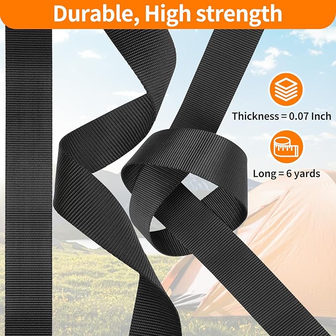 Heavy-Duty Buckles and Strap Set 1-1/2": 6 Yards of Thick Nylon Webbing, 6-Pack Adjustable Quick Side Release Plastic Buckles, 12 Tri-Glide Slide Clips, Black (1-1/2" Combo Set)