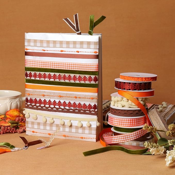 LaRibbons Fall Ribbons for Crafts 10 Rolls Harvest Craft Set for Wreaths, Thanksgiving Decor, Gift Wrapping, 3/8" + 5/8", 47 Yards