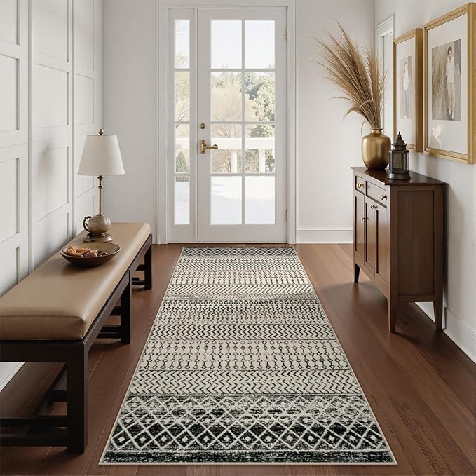 Moroccan Rug Runners for Hallways, 2x5 Ultra Soft Non-Slip Washable Rugs for Bedroom, Low Pile Distressed Black Rug Carpet Runner for Entryway Kitchen Bedroom Laundry Room