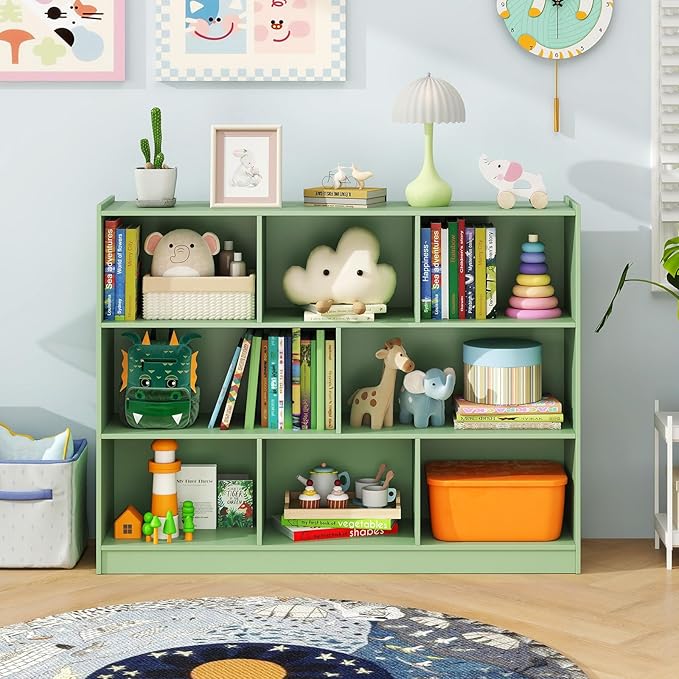 Giantex 8 Cube Bookcase, Freestanding 3-Tier Open Bookshelf, Modern Storage Display Cabinet, Wood Cube Storage Organizer for Living Room, Kid’s Room, Mint Green