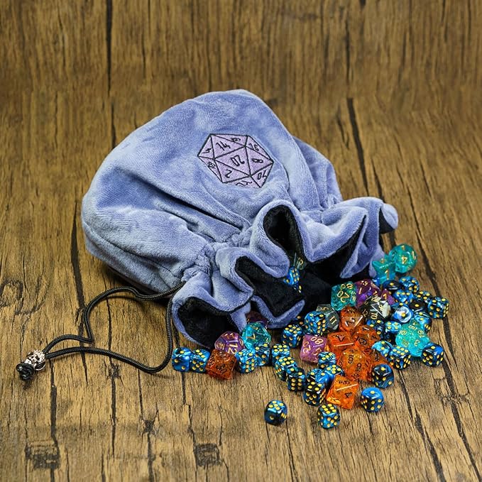 DND Dice Bags Large with Pockets Blue Storage Bag with D20 Logo for Dungeon and Dragons RPG Game Dices - Capacity 200+ Dice