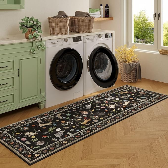 Rugcomf Runner Rug for Kitchen Non Slip 2'x6' Washable Rugs with Rubber Backing Soft Floral Animal Cat Carpet Runner for Kitchen Laundry Bedroom Bathroom, Black