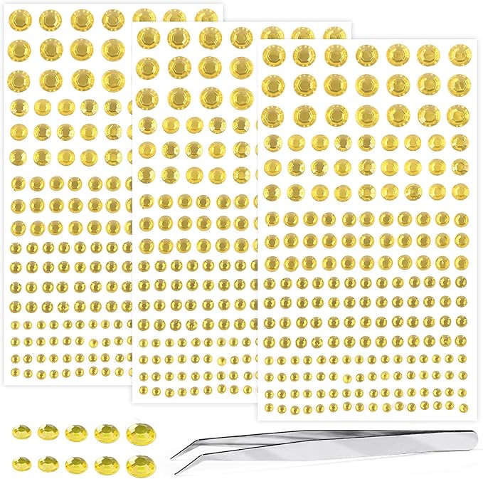 Self Adhesive Face Gems and Pearls for Makeup, Festival Jewels, Hair Gems Pearls, 3/4/5/6/8 mm Round Rhinestone Stickers for Face, Eye, Makeup, Body, Crafts 591Pcs (07_Light Gold)