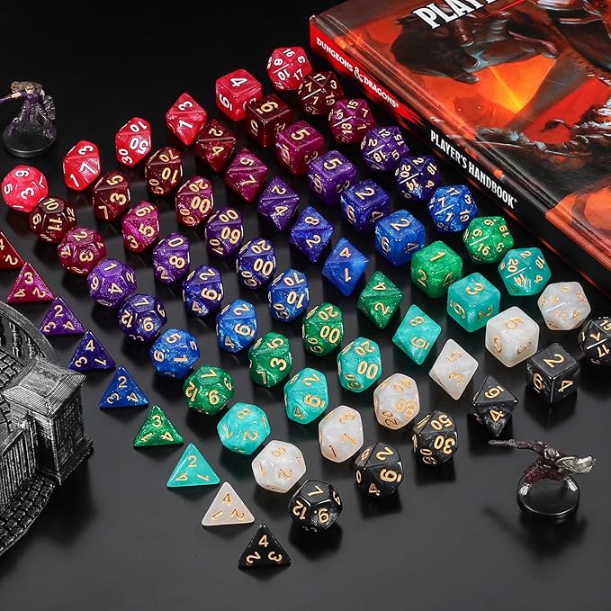 QMay DND Dice Set 10x7 (70 Pieces) Polyhedral Dice for Dungeons and Dragons D&D RPG MTG Role Playing Games with 1 Drawstring Bag