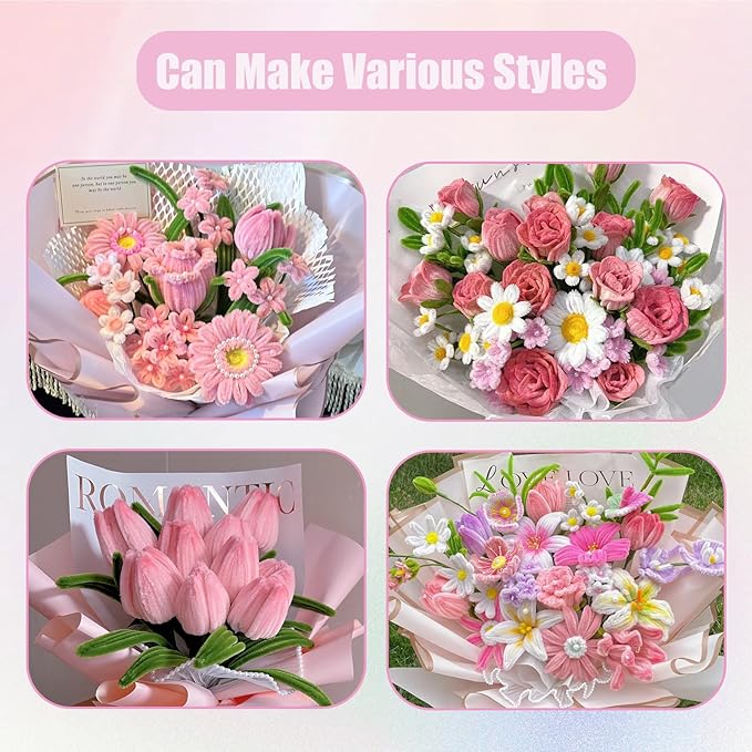 400 Pcs Pipe Cleaners Craft Set, 4 Assorted Pink Pipe Cleaners Bulk, Chenille Stems for DIY Flower Making Kit with Floral Stems, Gardening Tape, Stamen, Ribbon for DIY Bouquet Gift (Pink)