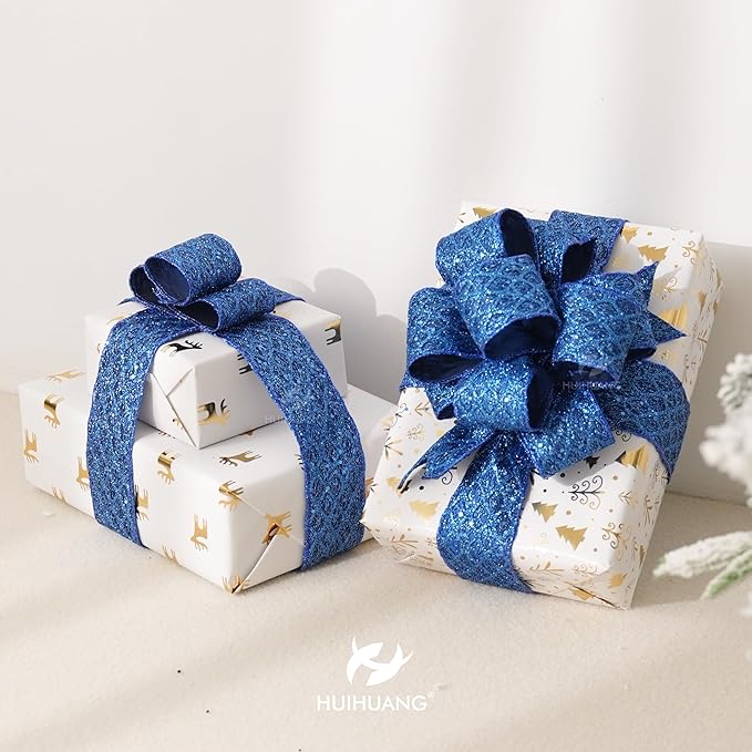 HUIHUANG Navy Blue Wired Ribbon 2.5 inch Glitter Diamond Mesh Wire Edge Ribbon for Christmas Tree, Wreaths, Garland, Gift Wrapping, Bows Making, Holiday Decor -10 Yards