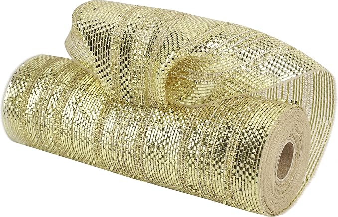 MEEDEE Champagne Deco Mesh 10 Inch Deluxe Wide Foil Metallic Mesh with Gold Tinsel Champagne Gold Mesh Ribbon for Christmas Tree, Wreaths, Garland, Gift Wrapping, Bows Making (30 Feet)
