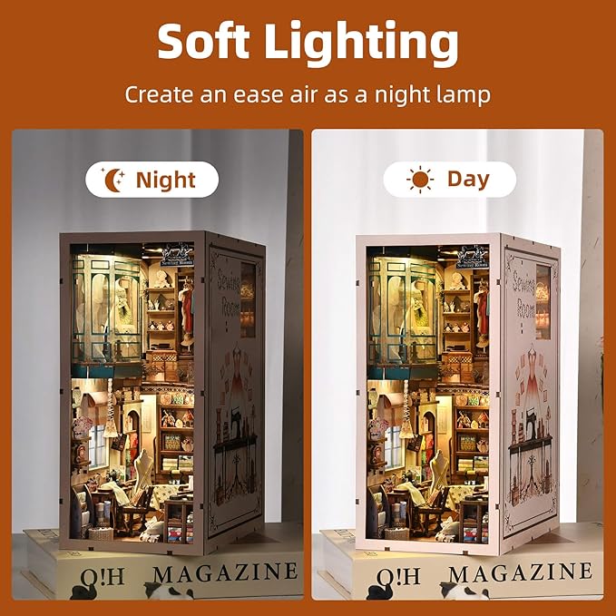 Book Nook Kit, DIY Miniature House Dollhouse Kit for Adults and Teens, 3D Wooden Puzzle Bookend Creative Bookshelf Insert Decor with LED Light, Gifts for Family, Friends (Sewing Room)