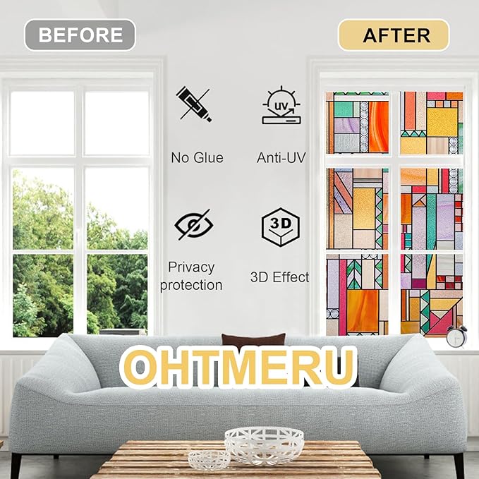 3D Stained Glass Window Privacy Film, Heat Control UV Blocking Static Cling Decorative Window Film for Bathroom,Front Door,Home Non Adhesive,35.4 x 78.7 inches Autumn Reverie