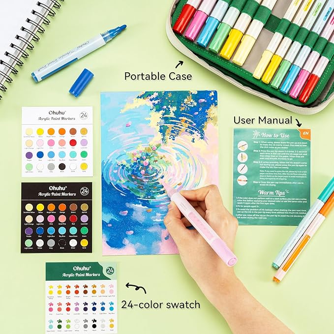 Ohuhu Acrylic Paint Markers, 48 Paint Pens Set of 24 Fine & 24 Round Tip in Same Assorted Colors - Reversible Chisel & Round - Good Coverage Acrylic Markers for Rock Painting Easter Egg Wood Plastic