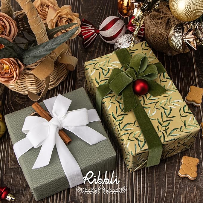 Ribbli Polyester White Velvet Ribbon,1 Inches Continuous10-Yard Spool,Christmas Ribbon for Gift Wrapping,Floral Bouquets, Home Decor