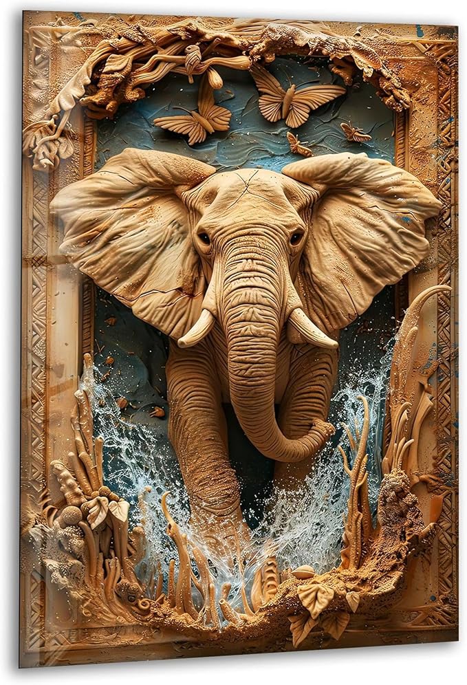 My Photostation.com Round 31,5'' Elephant Carving Glass Wall Art Tempered Glass Printing Wall Decor Large Wall Art Wall Hangings