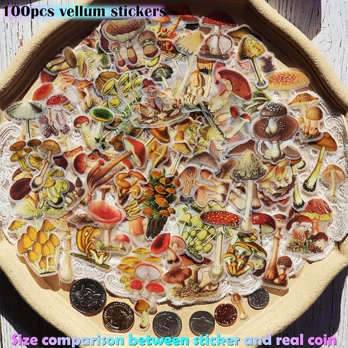 Vintage Vellum Stickers Floral Plants Elements Scrapbooking Supplies Flowers Botanic Natural Translucent Paper Self-Adhesive Junk-Journal Items (Small Mushroom)