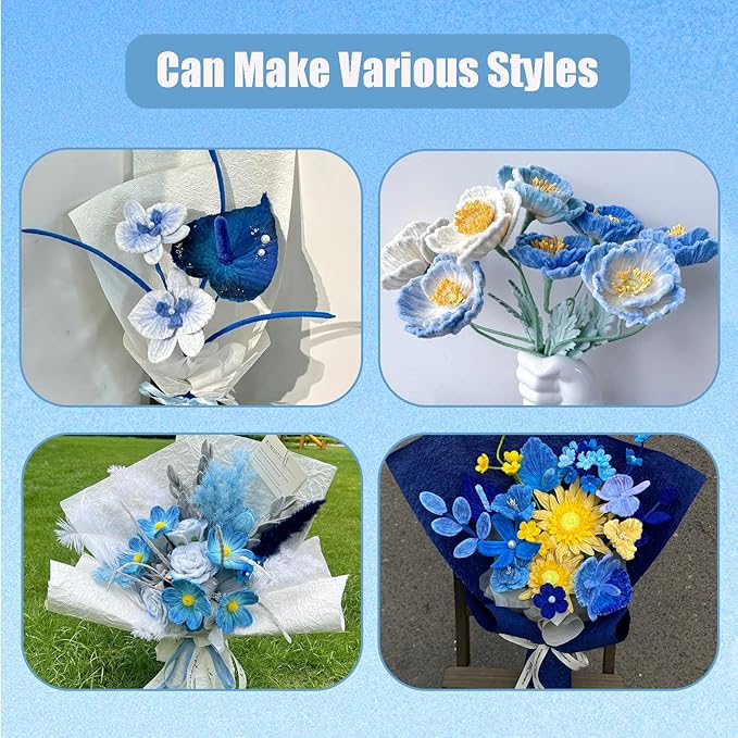 400 Pcs Pipe Cleaners Craft Set, 4 Assorted Blue Pipe Cleaners Bulk, Chenille Stems for DIY Flower Making Kit with Floral Stems, Gardening Tape, Pearl, Ribbon for DIY Bouquet Gift (Blue)