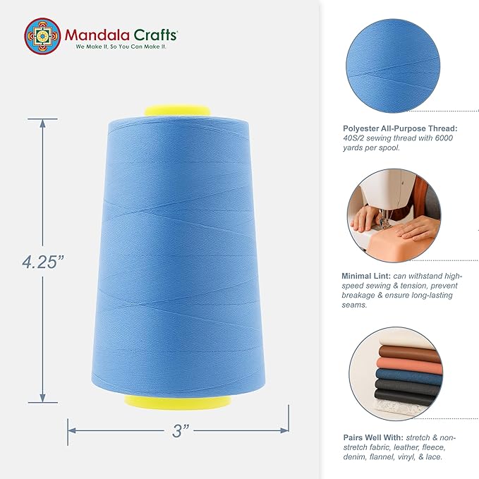 Mandala Crafts 4 Pack of Serger Threads Cones Spools - 40S/2 24000 Yards Polyester Dusty Blue Threads for Sergers Machine and Overlock Quilting Sewing Machine
