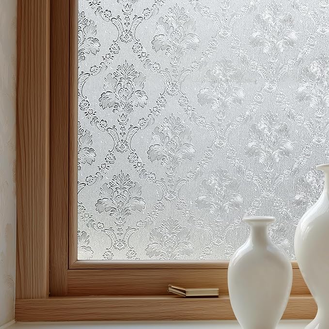 Window Privacy Film Decorative for Front Door, Bathroom Static Cling Stained Glass Sticker Opaque Heat Control UV Blocking Non-Adhesive for Home Windows, Damask