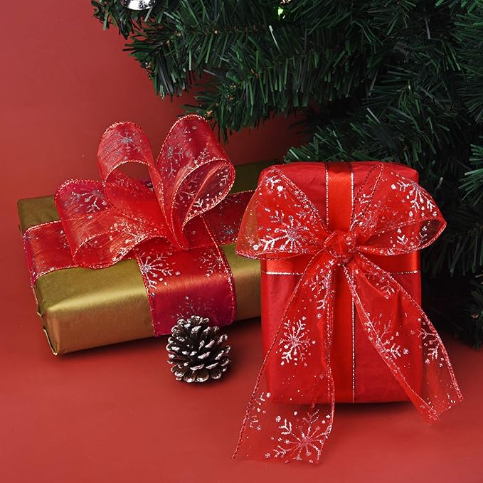 2.5 Inch Wide Christmas Wired Ribbon Snowflake Organza Sheer Glitter Ribbon for Xmas Tree, Wreath, Party Decoration, Gift Wrapping (Red, 10.9 Yards)