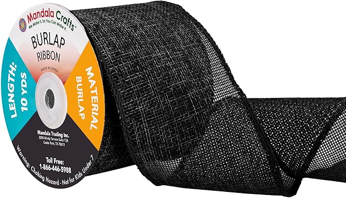Mandala Crafts Black Burlap Ribbon 3 Inches Wide Jute Ribbons for Crafts - 20 Yds Roll Rustic Burlap Wrap Trim Ribbons for Wreaths Bows Wedding Party Decoration