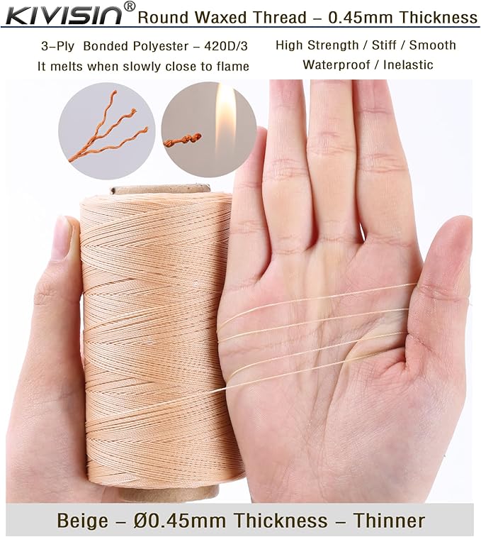 Thin Wax Polyester Thread, 0.45mm, 547 Yards, 3 Ply Round Waxed Cord Strings for Sewing, Beading, Binding, Micro Braiding, Fine Leather Craft and Micro Macrame Jewelry - Beige