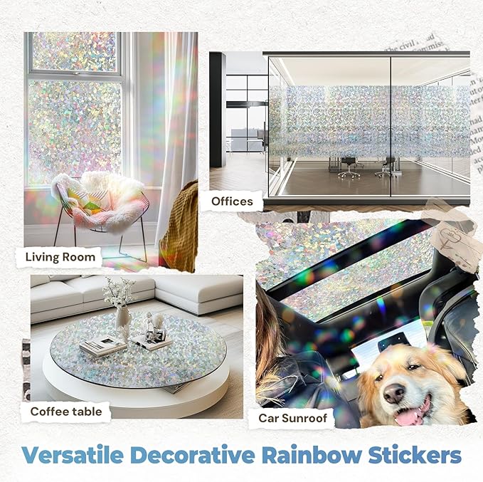 DOWELL Window Privacy Film Rainbow Film, Stained Glass Decorative Sticker, Static Cling Non-Adhesive Glass Clings, Sun Blocking Heat Control Window Coverings for Home Door, 23.6" x 118.1"