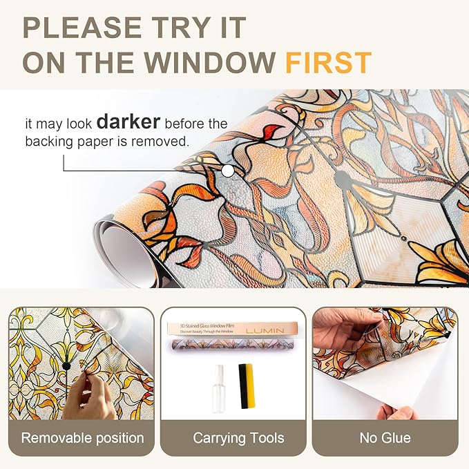 3D Stained Glass Window Privacy Film, Heat Control UV Blocking Static Cling Decorative Window Film for Bathroom,Front Door,Home Non Adhesive,GiltGaze 16.9 x 78.7 inches