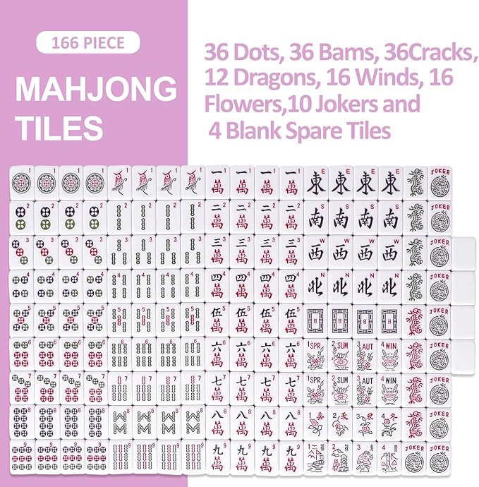 American Mahjong Game Set, 166 Pink Tiles, Pink Bag and Entire Accessories, 4 All-in-One Rack/Pushers, Mahjong Tiles Set