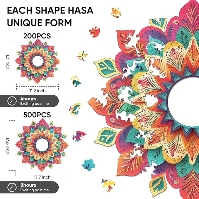 Wooden Puzzles for Adults, Hollow Mandala Wooden Jigsaw Puzzles 200 Pieces, Unique Design Adult Puzzles, Family Brain Game Gift, 11.2x11.3 inch