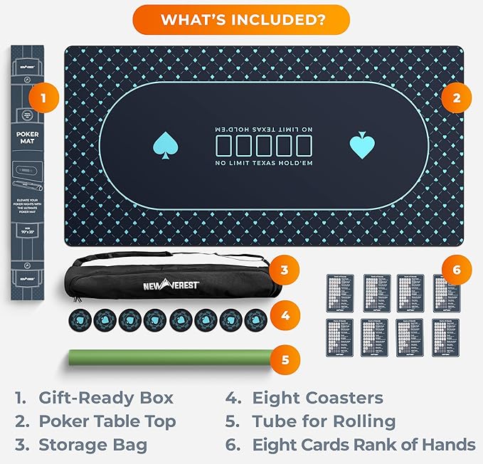 Newverest Poker Table Top 70" x 35", Texas Hold'em Poker Mat for Home Game Nights Up to 10 Players, Casino| Poker Topper Cloth for Tables in Zipper Storage Bag with 8 Coasters in Poker Gift-Ready Box