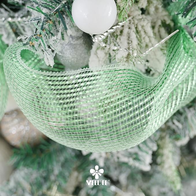 MEEDEE Sage Green Deco Mesh 10 Inch Rolls Deluxe Wide Foil Metallic Mesh Fabric Light Green Mesh Ribbon for Christmas Tree, Wreaths, Garland, Gift Wrapping, Bows Making (30 Feet)