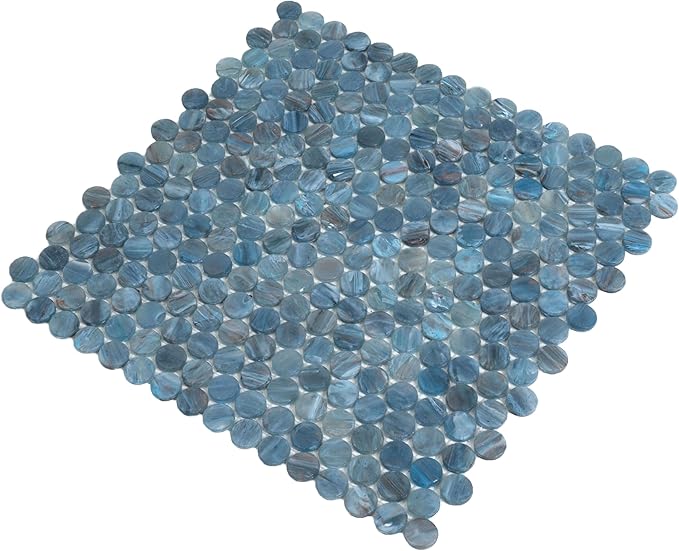 Denim Blue Penny Round Mosaic Glass Tile – 12.2 x 12.2 Inch - 10 Sheet Pack - Luxurious Design for Bathroom Walls, Kitchen Backsplash, Shower Walls - Elegant Wall Decor - NOT Peel and Stick Tile