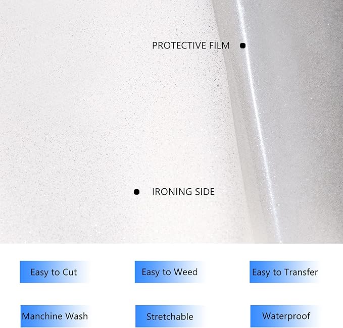HTV White Glitter Iron on Vinyl 12Inch by 25ft Roll Heat Transfer Vinyl for T-Shirt HTV Rolls for All Cutter Machine - Easy to Cut & Weed for Heat Transfer Design (25ft, 01-Glitter White)