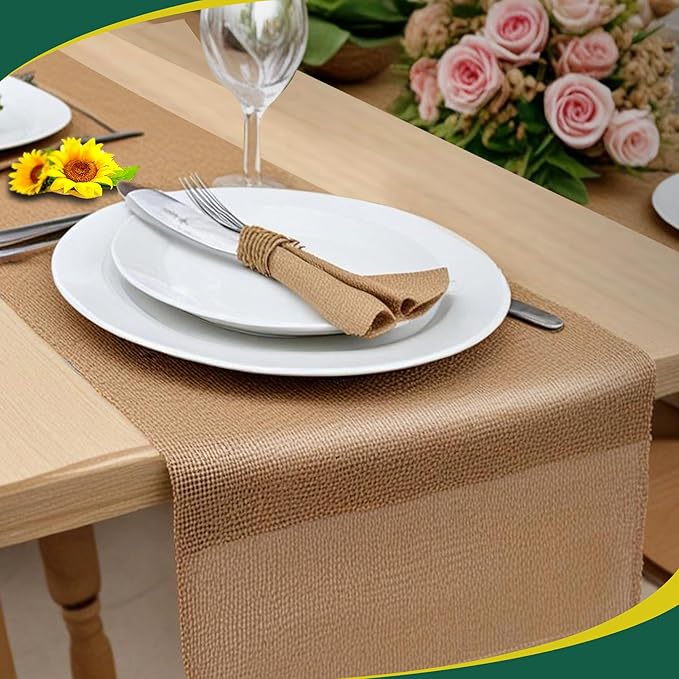 Burlap Table Runners 14 Inches x 30 FT - No-Fray Finished Edge Premium Natural Table Runner Burlap Roll – No Odor, Eco-Friendly Tablecloth Roll for Rustic Table Decor and Other DIY Crafts