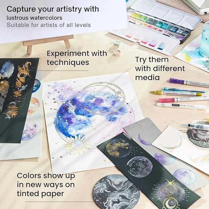 ARTEZA Watercolor Paint Set, 24 Metallic Watercolor Paints, Glitter Watercolor Paint in Half Pans, Travel Watercolor Set
