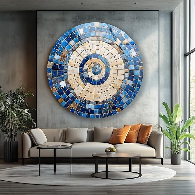 My Photostation.com 20''(50cm) Diameter Coastal Sunburst Beige & Blue Round Glass Wall Art Tempered Glass Printing Wall Decor Large Wall Art Wall Hangings