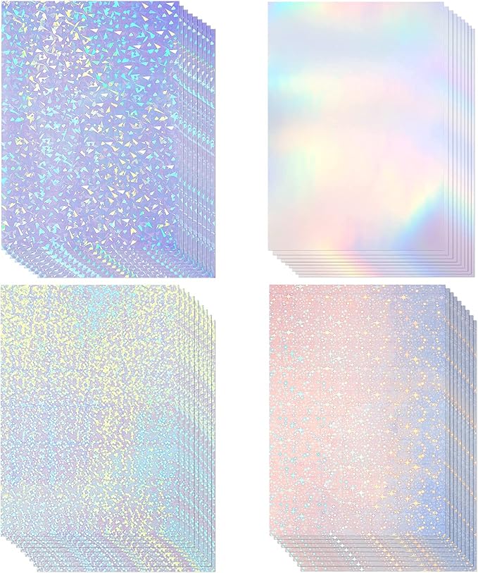 36 Sheets A4 Holographic Paper Sticker Transparent Waterproof Self Adhesive Film 11.7 x 8.3 Inches (Gem, Dot, Colorful, Star)