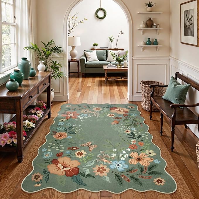 Beeiva Washable Rugs 5x7 - Scalloped Floral Printed Soft Non Slip Green Rug for Bedroom Under Bed Boho Living Room Rugs Ultra-Thin Low Pile Carpet for Playroom Dining Room Dorm(Green,5x7ft)