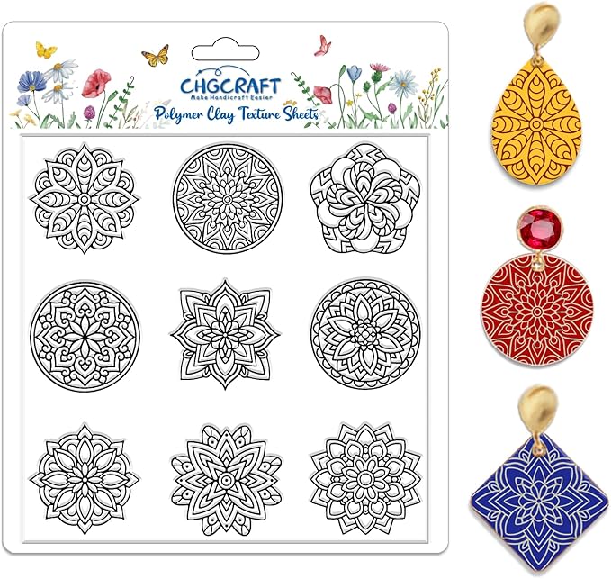 CHGCRAFT Bohemian Round Pattern Polymer Clay Texture Sheets Mandala Pattern Silicone Texture Stamp Single Image Modeling Pattern Pad for Jewelry and Clay Earrings Tools, 5.5x5.5 inch