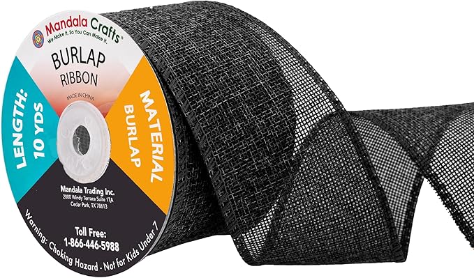 Mandala Crafts Black Burlap Ribbon 2.5 Inches Wide Jute Ribbons for Crafts - 20 Yds Roll Rustic Burlap Wrap Trim Ribbons for Wreaths Bows Wedding Party Decoration