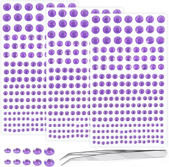 Self Adhesive Face Gems and Pearls for Makeup, Festival Jewels, Hair Gems Pearls, 3/4/5/6/8 mm Round Rhinestone Stickers for Face, Eye, Makeup, Body, Crafts 591Pcs (18_Light Purple)