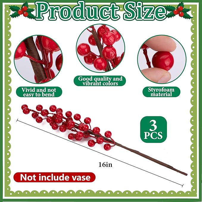 15 Pcs Christmas Norfolk Pine Branches with Red Berry Stems, 19" Extra Long Fake Greenery Norfolk Pine Stems Sprigs, Artificial Xmas Branches Plants Pine Leaves for DIY Craft Garland Home Decor