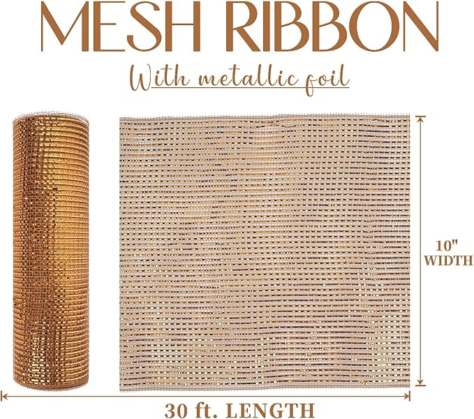 MEEDEE Deco Mesh Copper Brown Mesh Ribbon 10 Inch Deluxe Wide Foil Metallic Mesh Fall Deco Mesh Harvest Mesh Ribbon for Wreaths, Garland, Christmas Tree, Gift Wrapping, Bows Making (30 Feet)