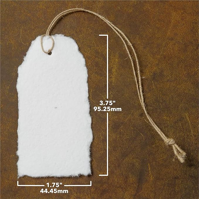 Wanderings Handmade White Deckled Edge Tags with String - 3.75 x 1.75” Only - Pack of 25 - Ideal for Price or Gift Tags, Arts, Crafts, Place Cards, Name Cards - Cold Press Thick 150 GSM