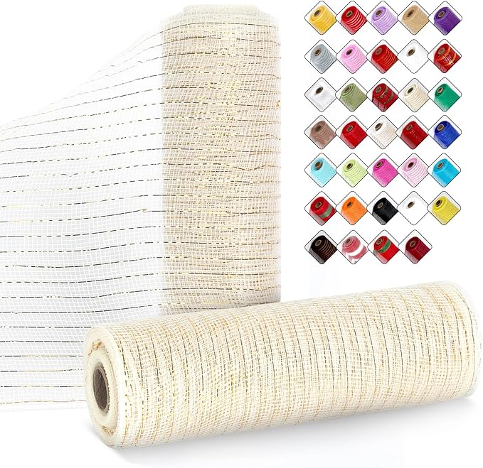 2 Rolls Mesh Ribbon for Wreaths 10 Inch x 30 Foot Wreath Mesh Rolls with Metallic Foil for Easter Christmas Party Wedding Home Decor DIY Craft Projects and Gift Wrapping (Beige)