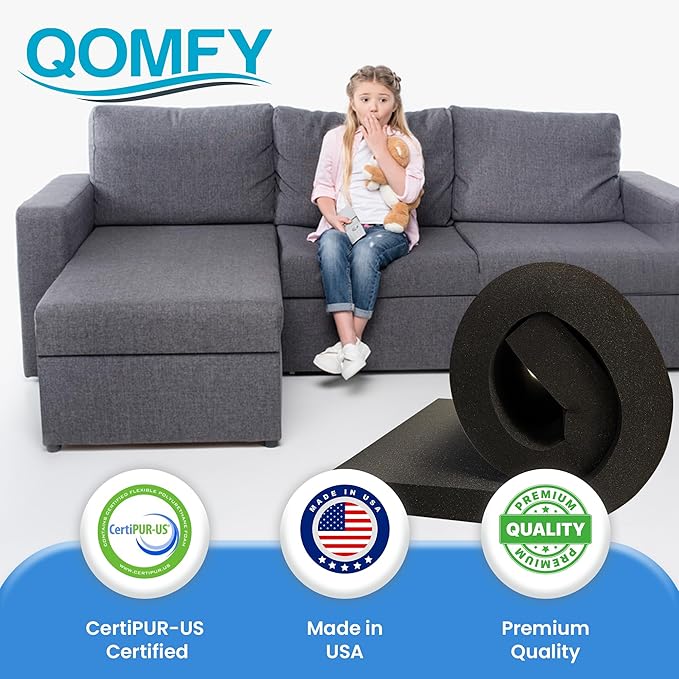 QOMFY 2" Height x 12" Width x 48" Length Charcoal Upholstery Foam Sheet | Made in USA | Multi-Purpose Foam for Upholstery, DIY, Packaging & Acoustic Projects