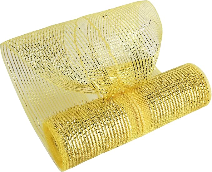 MEEDEE Gold Deco Mesh 10 Inch Deluxe Wide Foil Metallic Pull Up Mesh Yellow Gold Decorative Mesh Ribbon for Christmas Tree, Wreaths, Garland, Gift Wrapping, Bows Making (30 Feet)