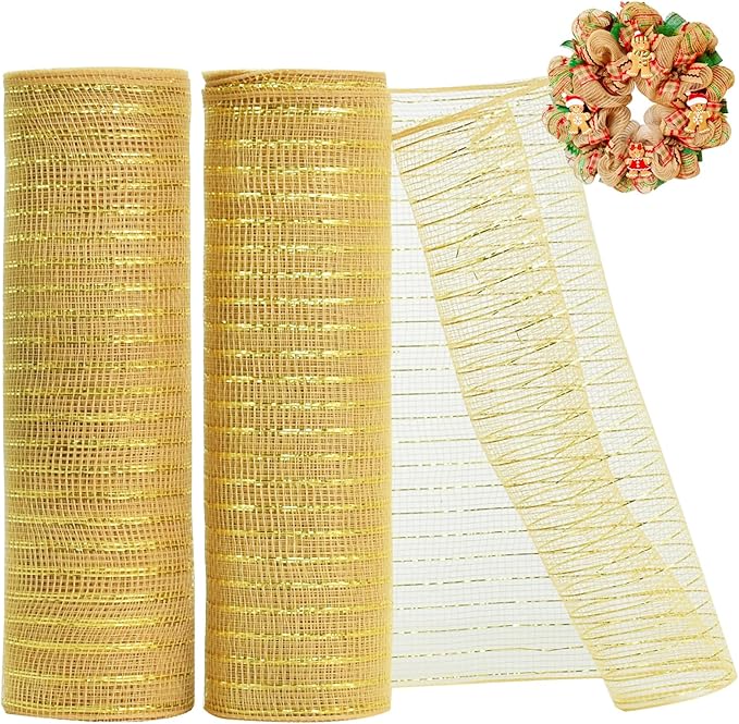 TONIFUL 2 Rolls 10 Inch Khaki Decorative Mesh Ribbbon Rolls, Fabric Mesh with Foil for Wreath Supplies, Front Door Wreath Crafts Tree Decor Christmas NewYears Halloween Decoration (10 yds/roll)