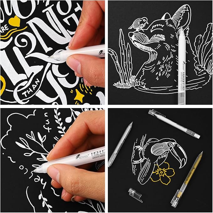 0.6mm Fine Point White Gel Pens, 3-Pack for Artists Drawing, Sketching, Illustration, and Adult Coloring Books, Opaque White Ink for Black Paper, Bullet Journaling, and Card Making